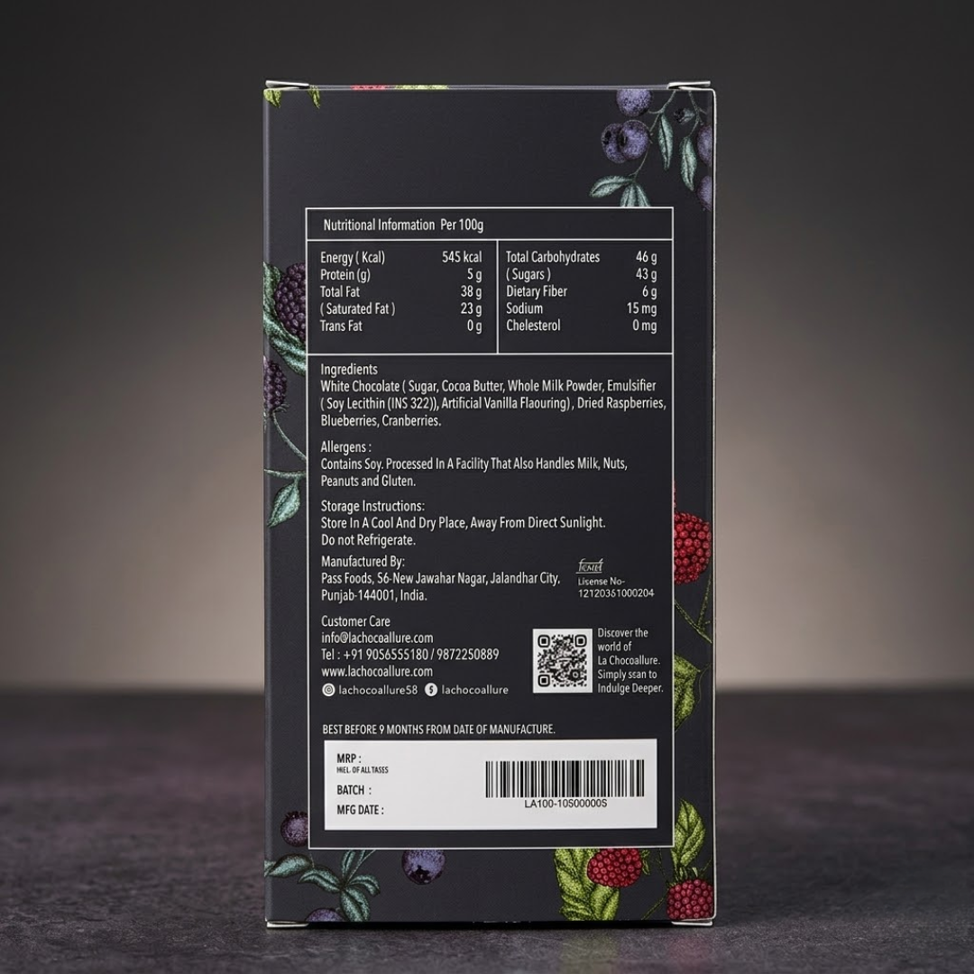 La Chocoallure All Berry Bar chocolate packaging with a white chocolate bar on a white background