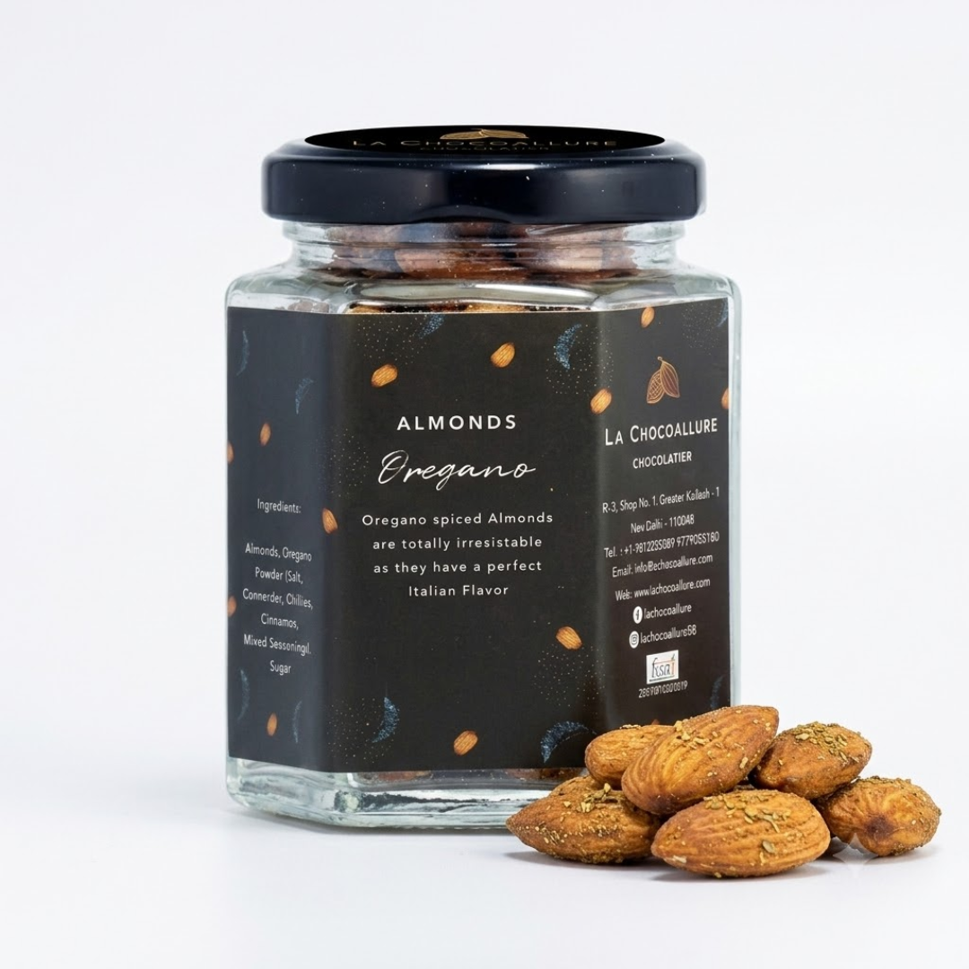 Jar of oregano-spiced almonds with a black label on a white background