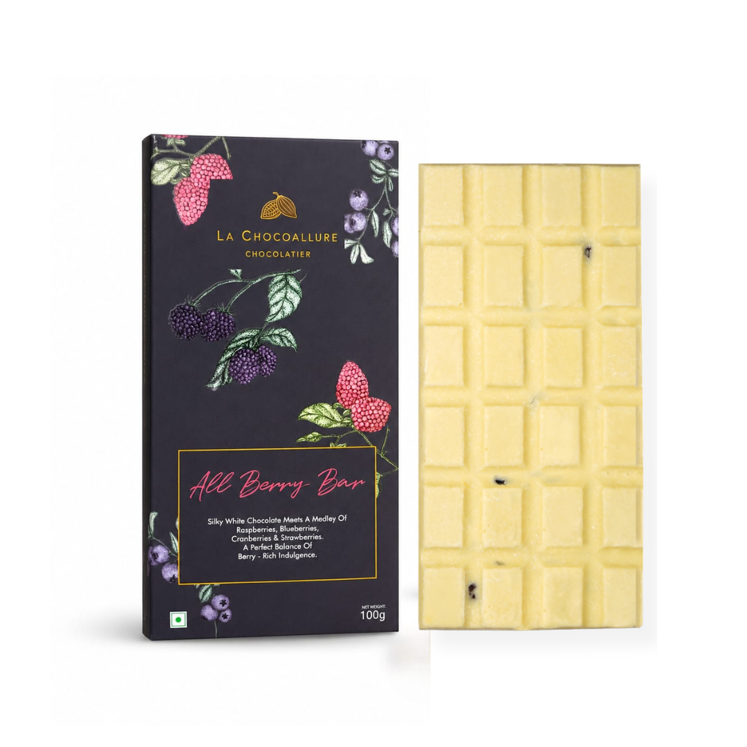 La Chocoallure All Berry Bar chocolate packaging with a white chocolate bar on a white background