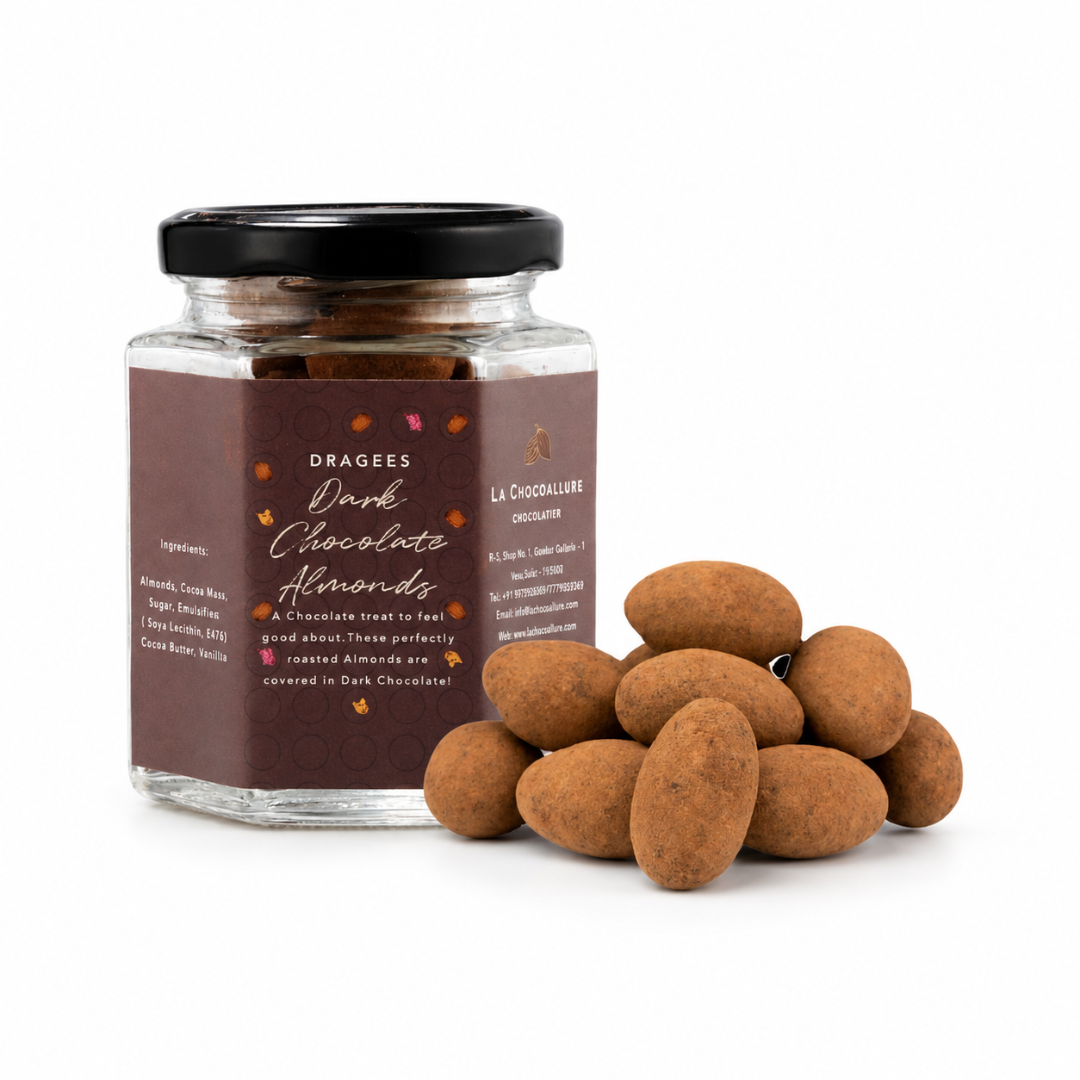 Jar of dark chocolate almonds with a white background