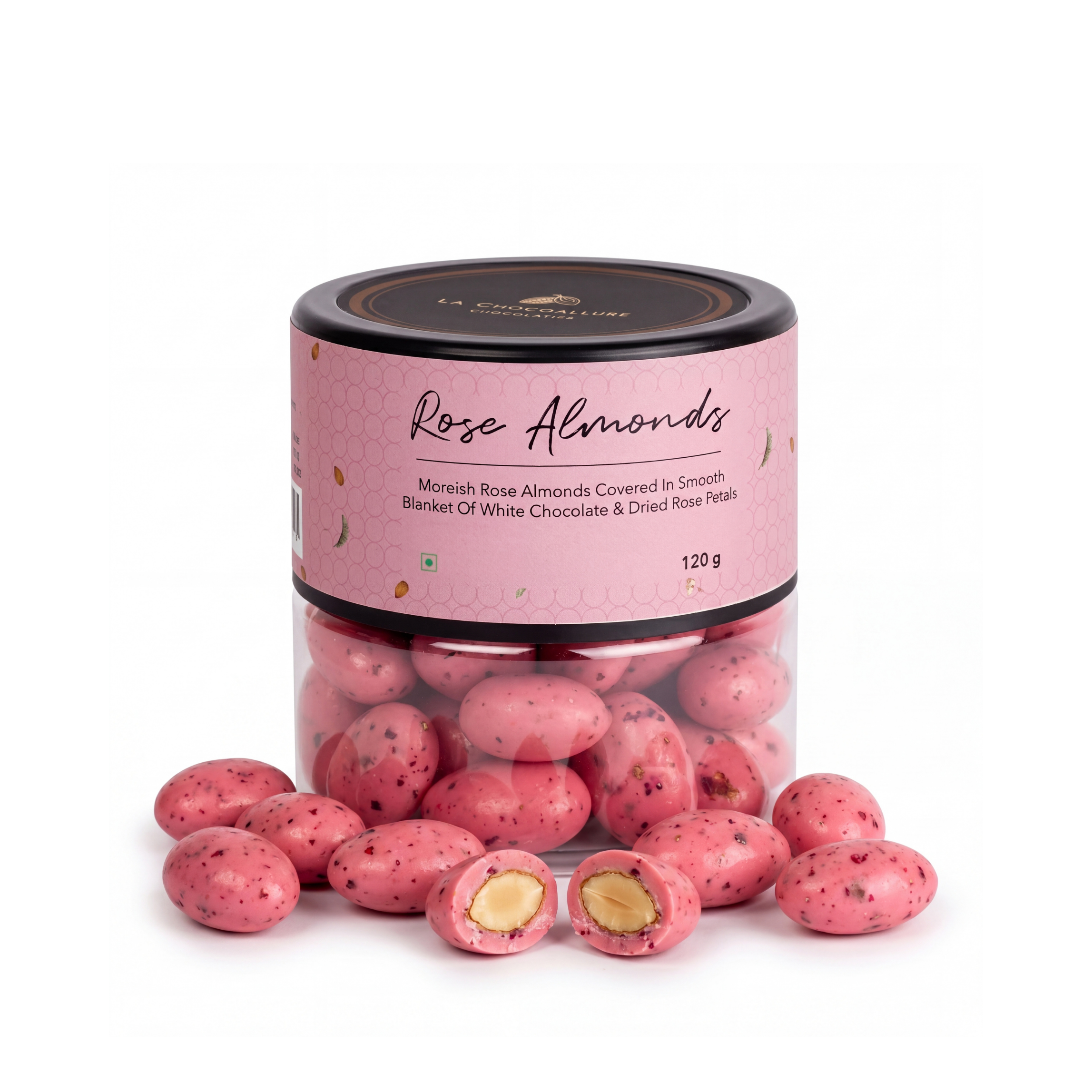 Rose Almond Dragees Glass Jar – White Chocolate and Organic Rose Petal Almonds | La Chocoallure