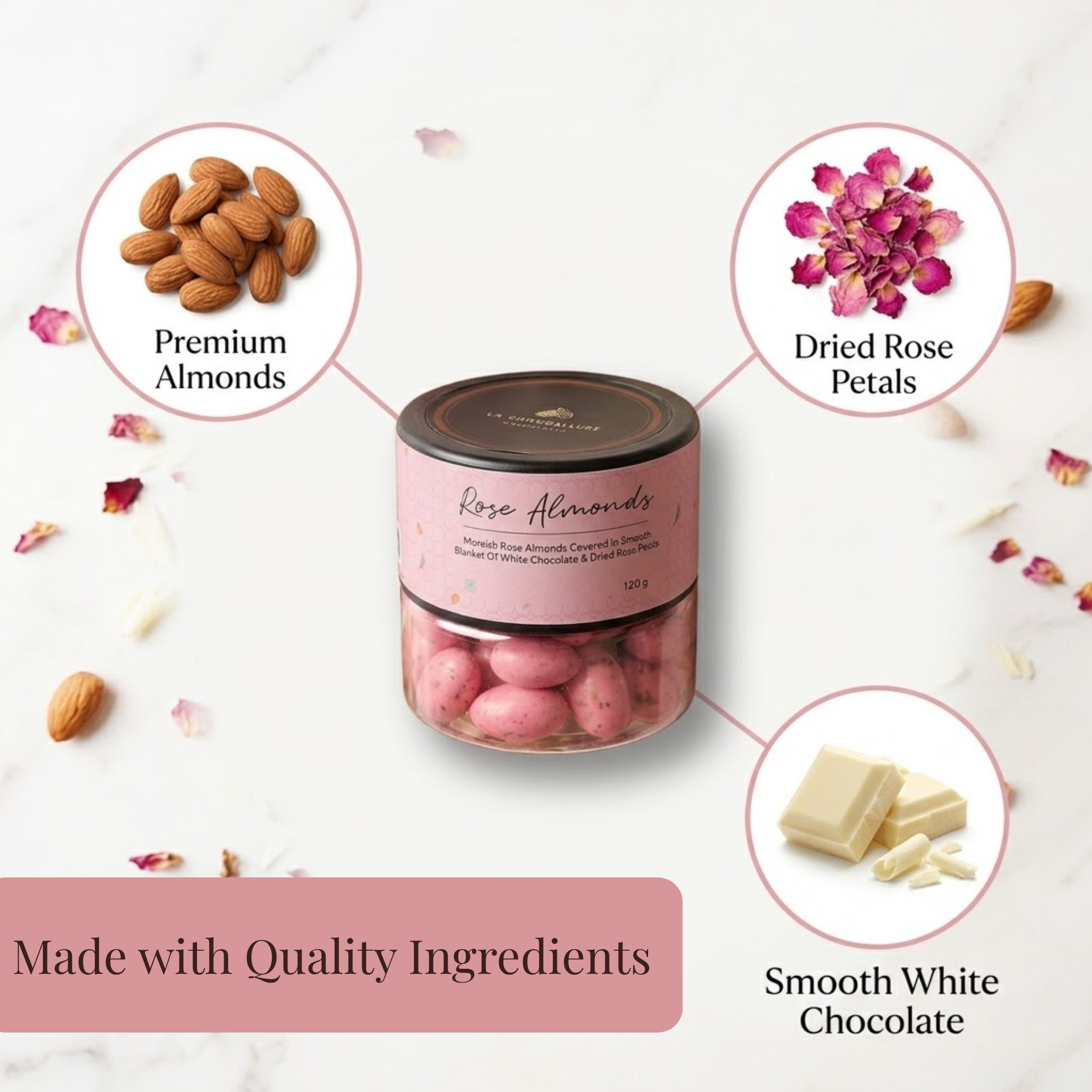 Rose Almond Dragees | White Chocolate & Organic Rose Petal | 120g