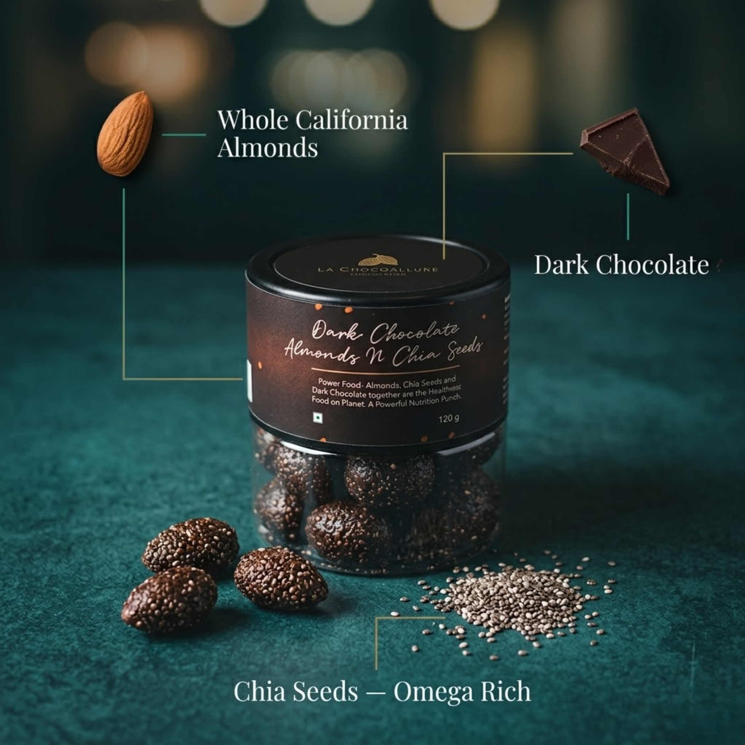 La Chocoallure Dark Chocolate Chia Seed Almonds – The Ultimate Guilt-Free Superfood 120 g