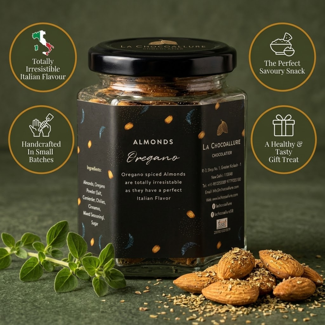 La Chocoallure Oregano Almonds: Crunchy Gourmet Delight (100 gms)