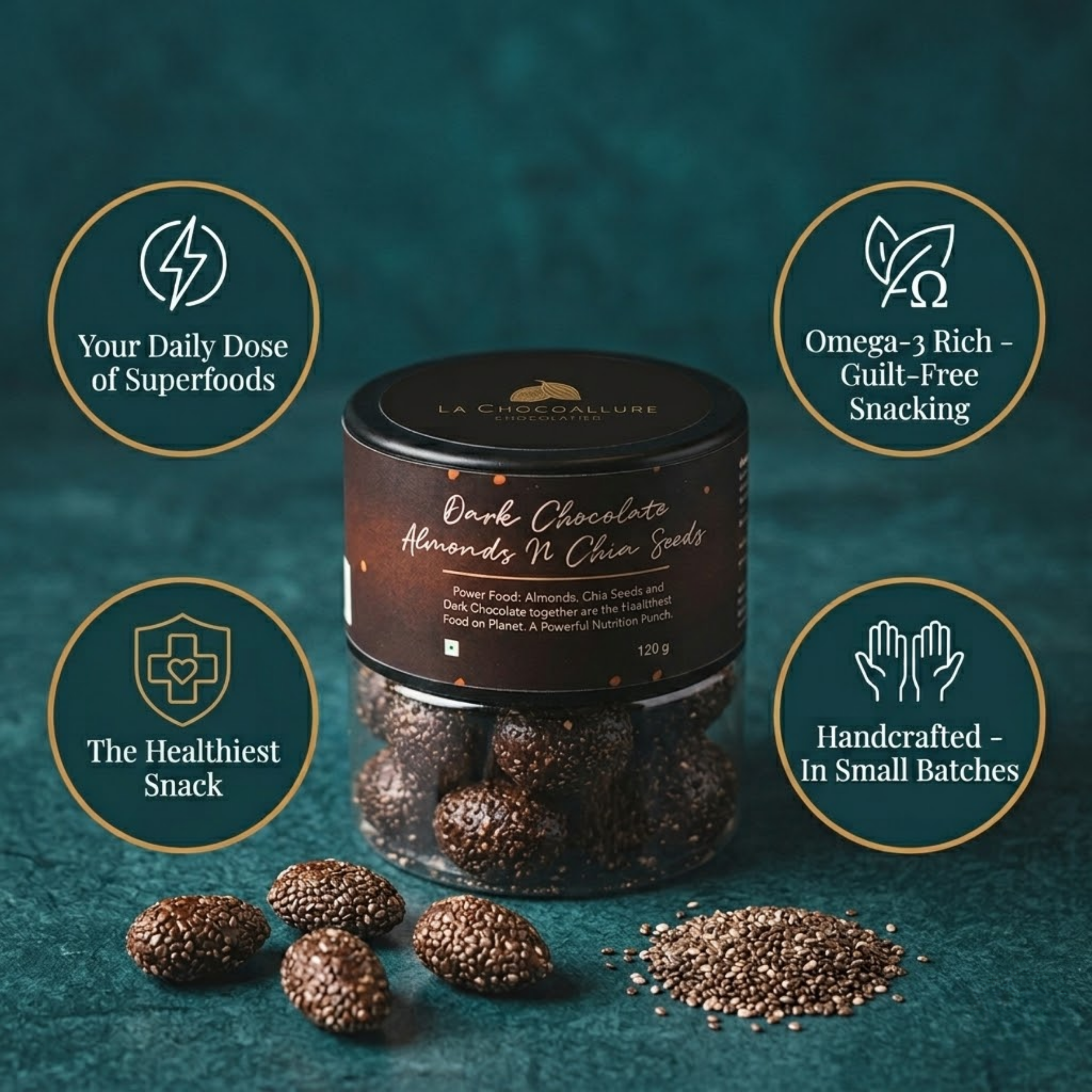 La Chocoallure Dark Chocolate Chia Seed Almonds – The Ultimate Guilt-Free Superfood 120 g