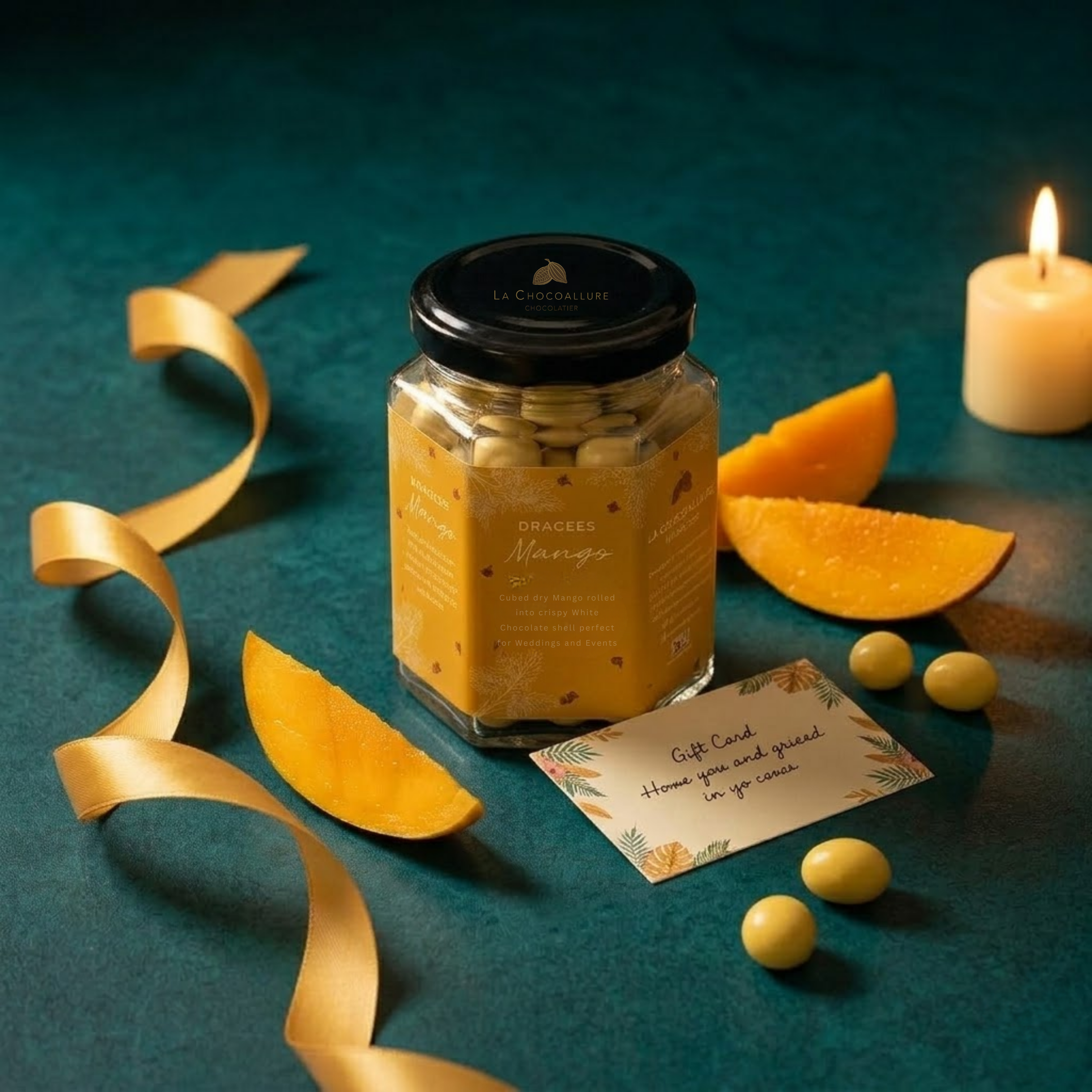 Mango White Chocolate Dragees in Glass Jar – Alphonso Mango Chocolate Gift | La Chocoallure