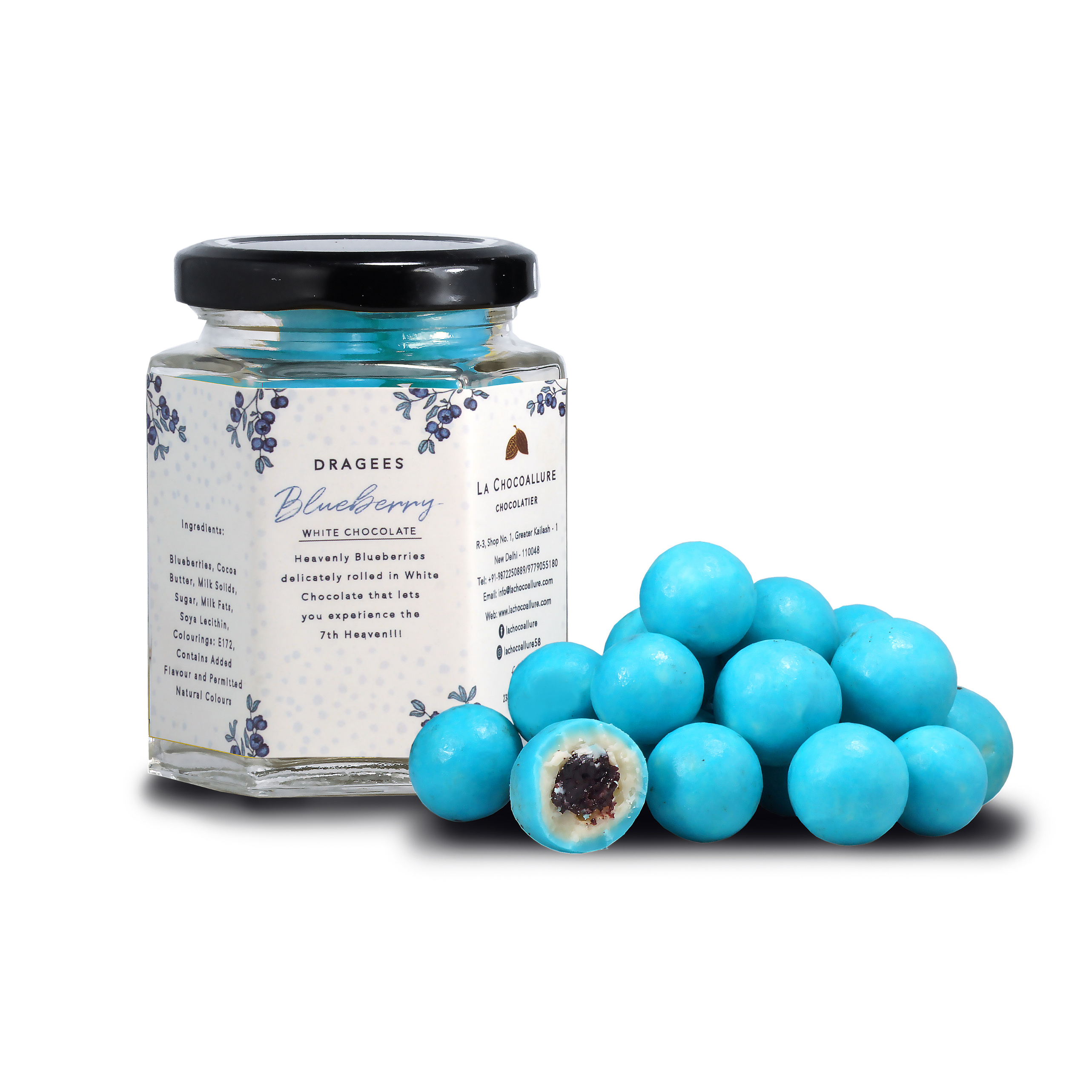 Blueberry White Chocolate Dragees in Glass Jar – Premium Berry Chocolate Gift | La Chocoallure