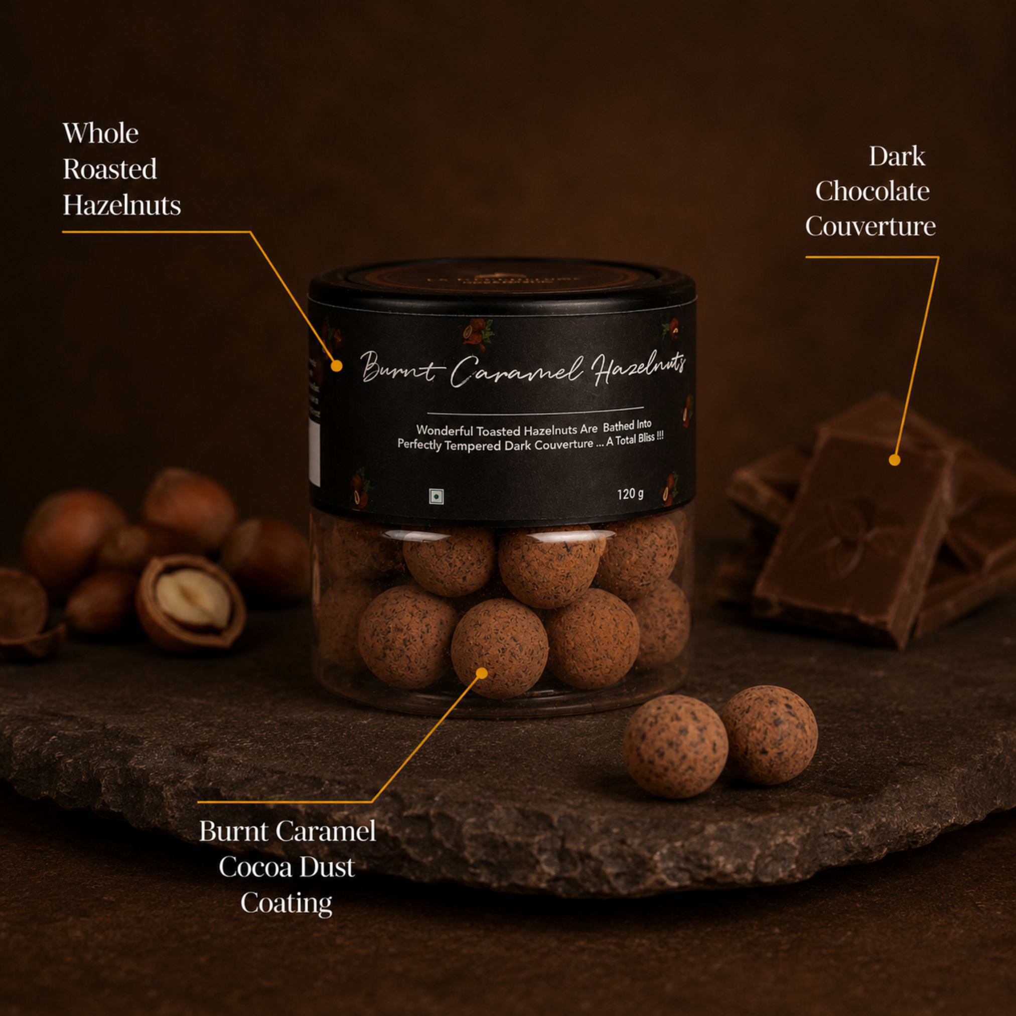 Burnt Caramel Hazelnut Dragees | Dark Chocolate Hazelnuts 120g