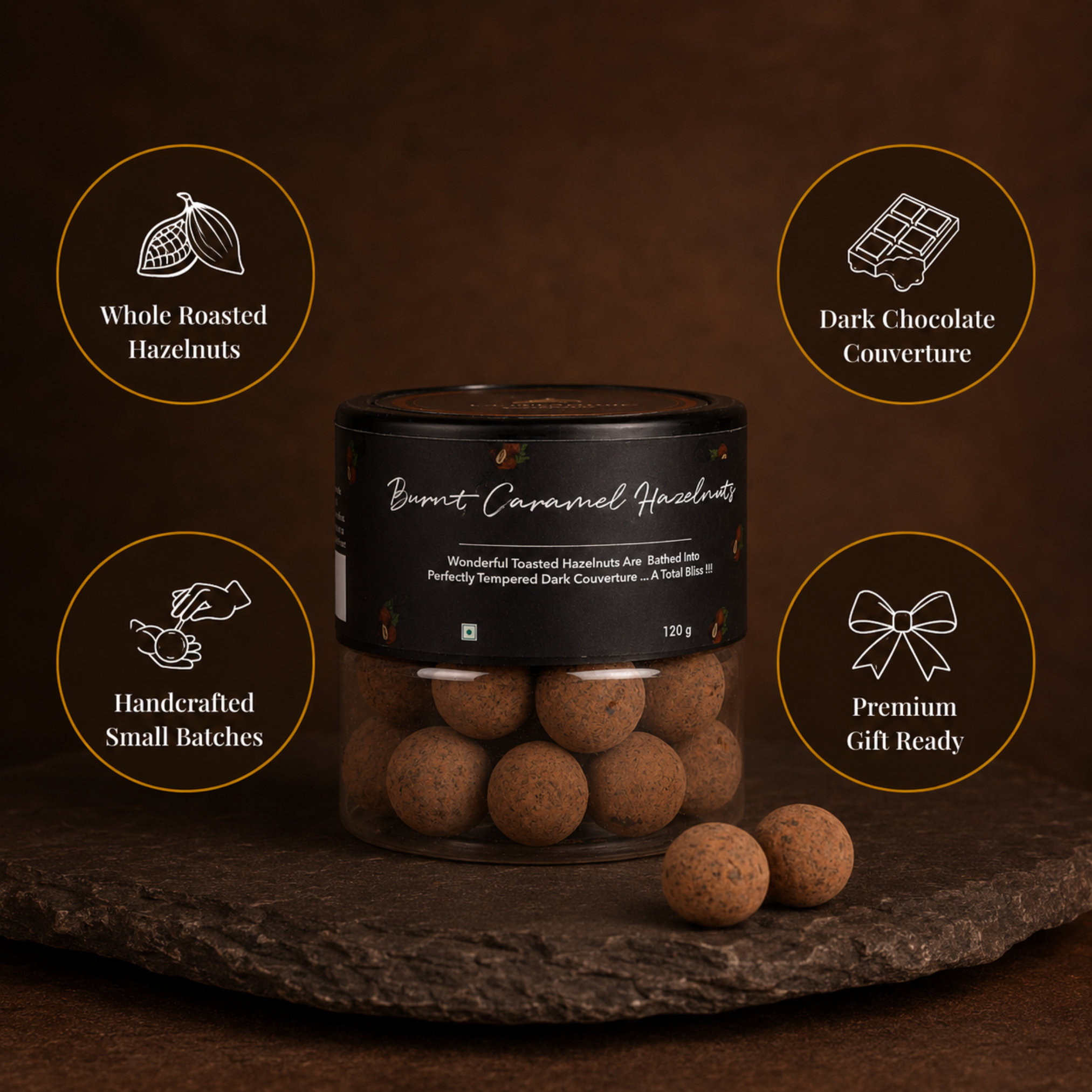 Burnt Caramel Hazelnut Dragees | Dark Chocolate Hazelnuts 120g