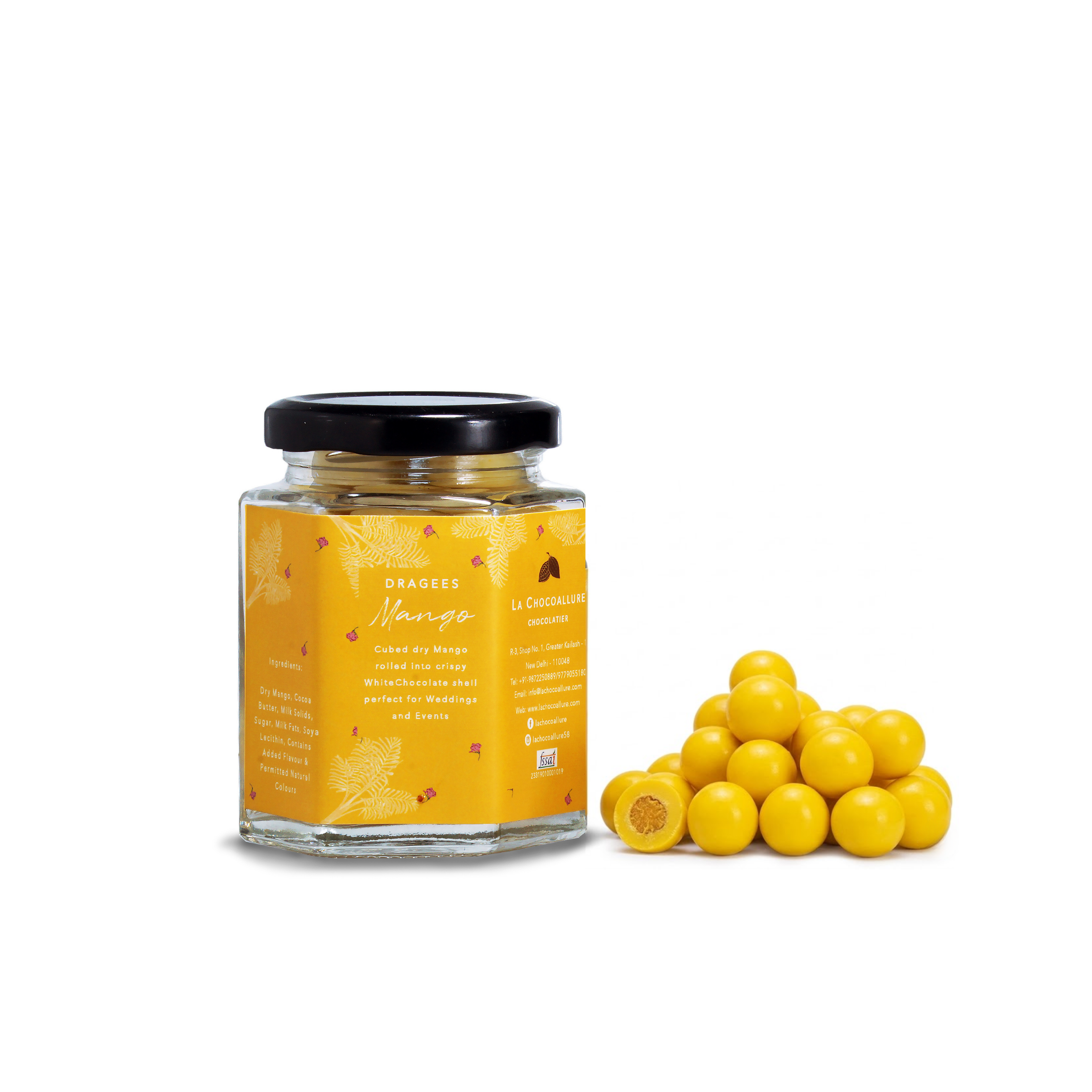 Mango White Chocolate Dragees in Glass Jar – Alphonso Mango Chocolate Gift | La Chocoallure