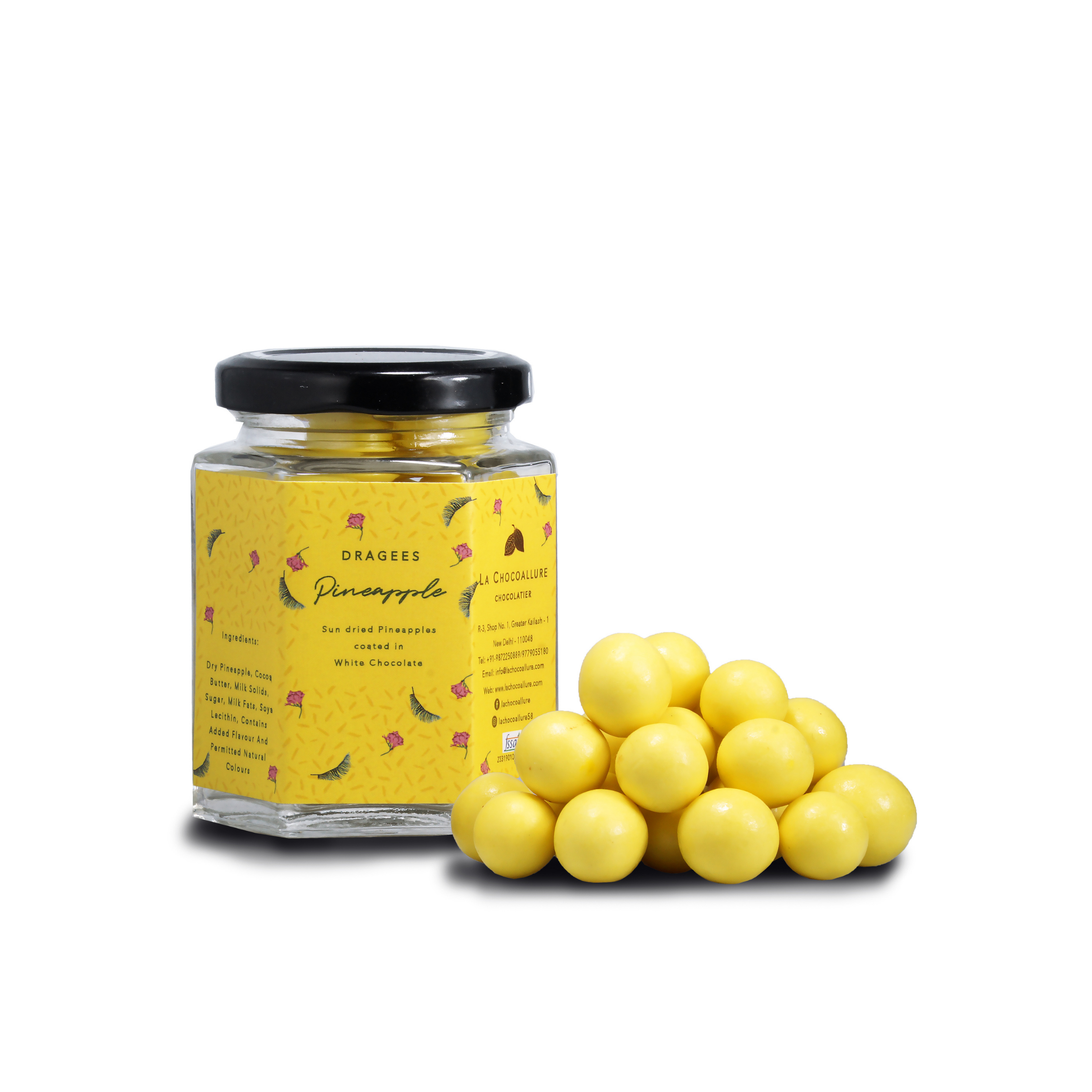 Pineapple White Chocolate Dragees 100g Glass Jar – Tropical Chocolate Gift | La Chocoallure