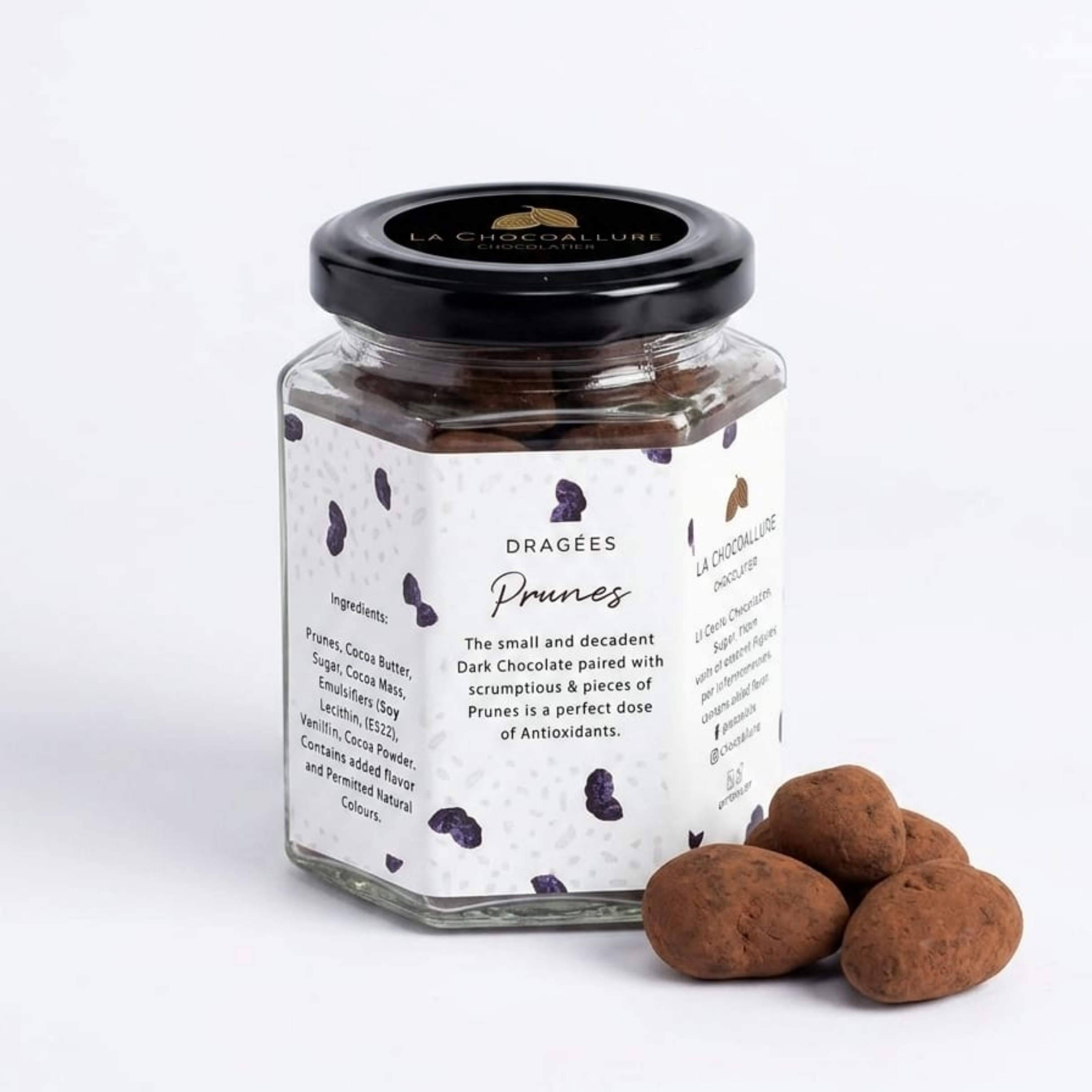 Prunes Dark Chocolate Dragees in Glass Jar – California Dried Plum Dark Couverture Gift | La Chocoallure