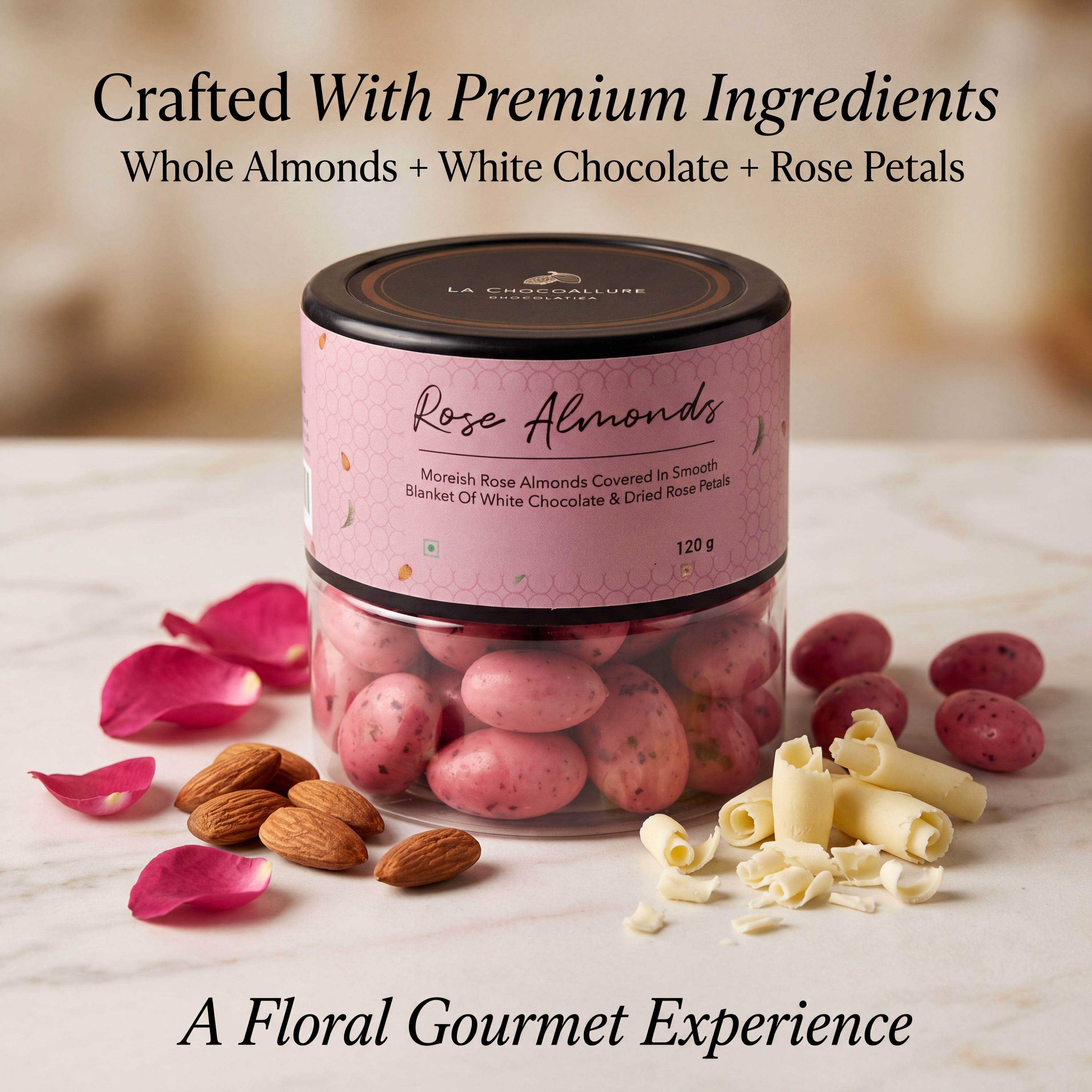 Rose Almond Dragees Glass Jar – White Chocolate and Organic Rose Petal Almonds | La Chocoallure